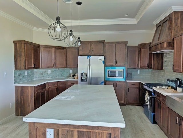9 Prairie View Ln, Alpine, TX 79830 - kitchen with appliances with stainless steel finishes, custom range hood, a tray ceiling, light wood-style floors, and a center island