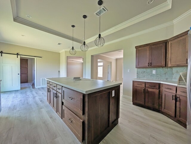 9 Prairie View Ln, Alpine, TX 79830 - kitchen featuring a raised ceiling, light wood-type flooring, a barn door, tasteful backsplash, and crown molding