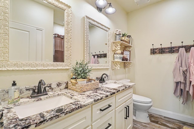 bathroom featuring hardwood / wood-style flooring, vanity, and toilet