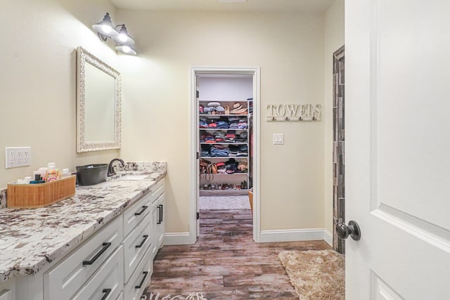 bathroom with hardwood / wood-style floors and vanity