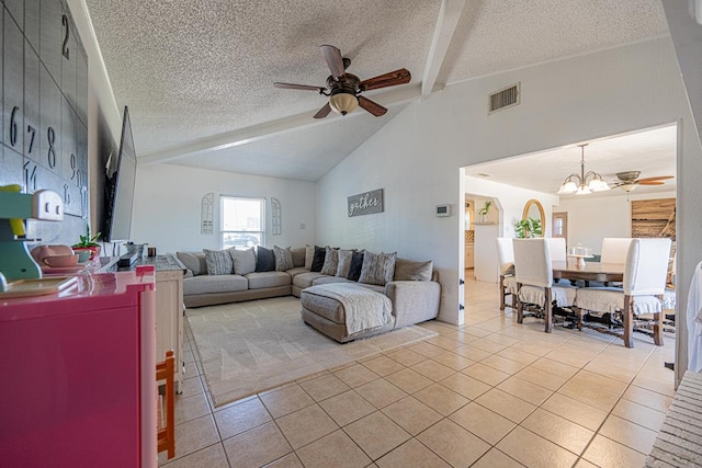 living area featuring light tile patterned floors, a textured ceiling, a ceiling fan, and a chandelier