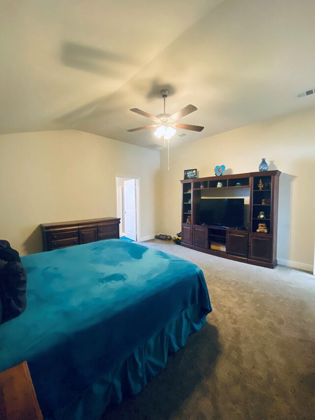 808 Brittlebush Ct, Odessa, TX 79765 - bedroom featuring carpet, ceiling fan, baseboards, and lofted ceiling
