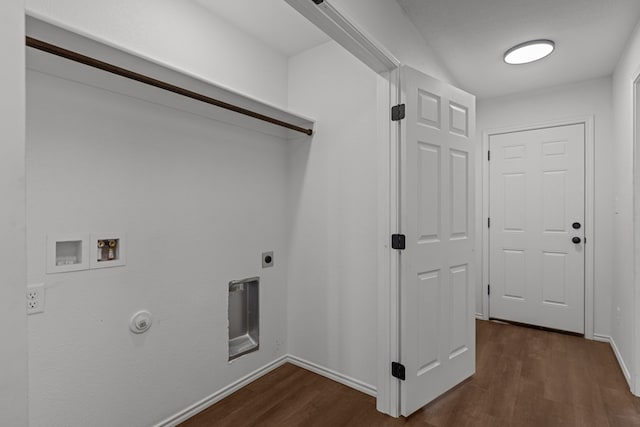 laundry area featuring laundry area, electric dryer hookup, baseboards, dark wood-style floors, and hookup for a washing machine