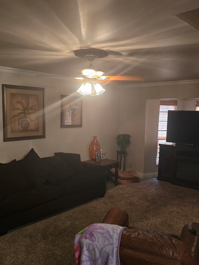 2301 Stoner Rd, Odessa, TX 79764 - carpeted living room with ceiling fan and crown molding