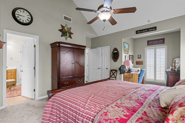 4975 SE 3000, Andrews, TX 79714 - bedroom with high vaulted ceiling, light carpet, and ceiling fan
