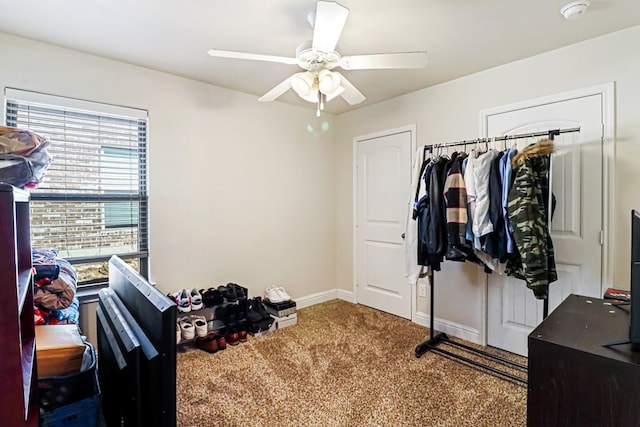 exercise area featuring ceiling fan and carpet flooring