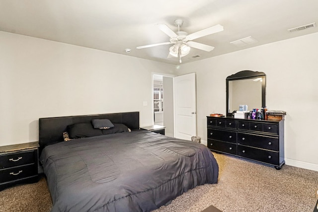 bedroom with light colored carpet and ceiling fan