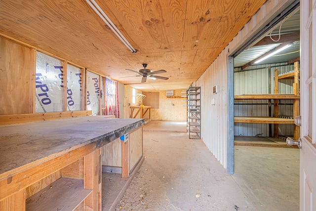 interior space featuring ceiling fan and wood ceiling