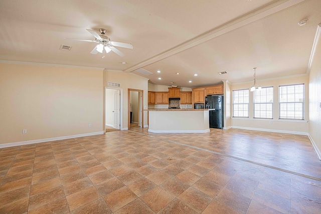 unfurnished living room with crown molding, lofted ceiling with beams, and ceiling fan with notable chandelier