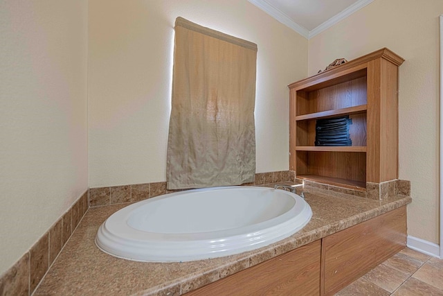 bathroom featuring crown molding and a bath