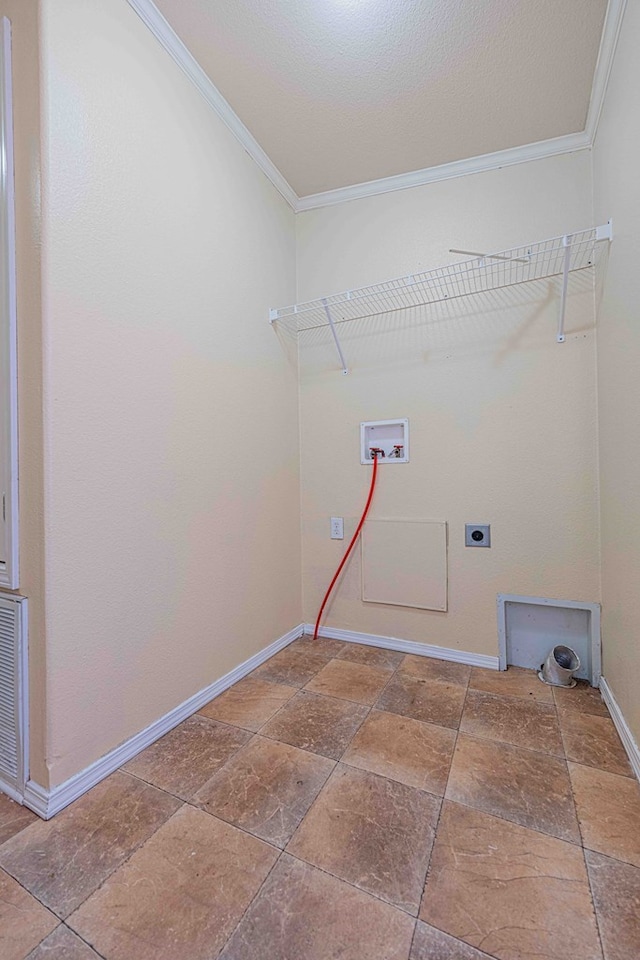 washroom featuring hookup for an electric dryer, hookup for a washing machine, and ornamental molding