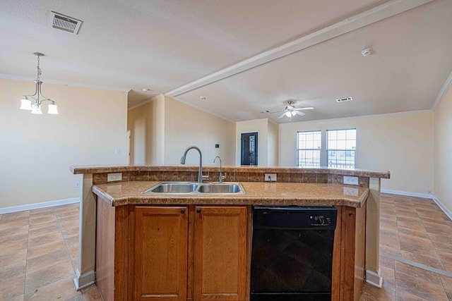 kitchen featuring dishwasher, sink, an island with sink, decorative light fixtures, and ornamental molding