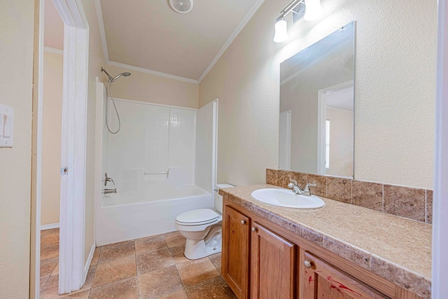 full bathroom with crown molding, vanity, shower / bathtub combination, and toilet