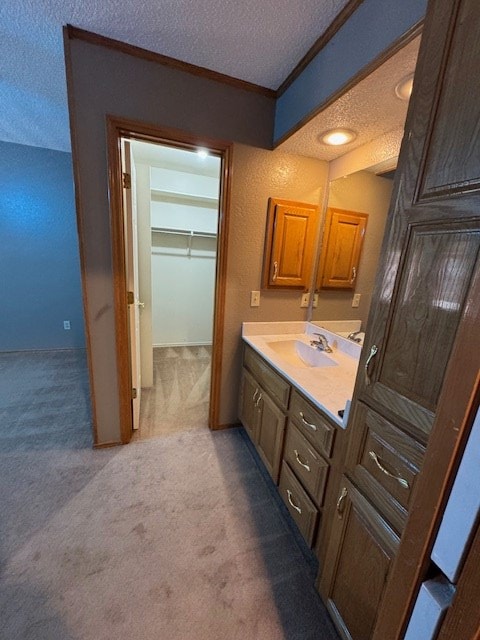 bathroom featuring vanity, ornamental molding, and a textured ceiling