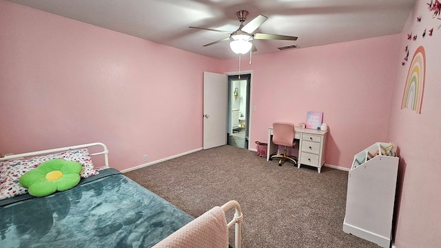 bedroom with ceiling fan and dark carpet