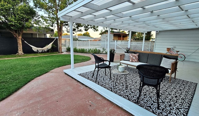 view of patio / terrace with an outdoor living space and a pergola