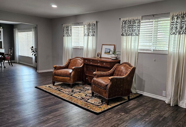 sitting room with plenty of natural light and dark hardwood / wood-style floors