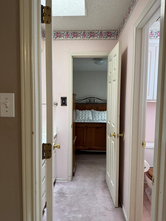 hallway featuring light carpet and a textured ceiling