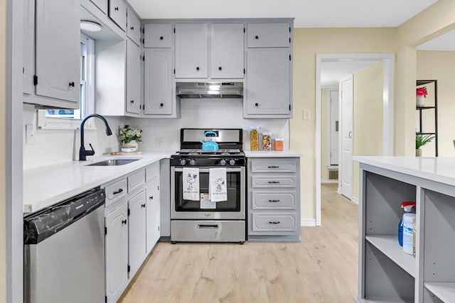 kitchen with stainless steel appliances, gray cabinets, light wood-style floors, a sink, and under cabinet range hood