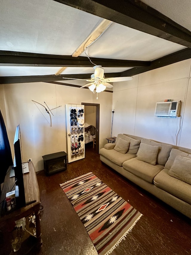 carpeted living room featuring an AC wall unit and vaulted ceiling with beams