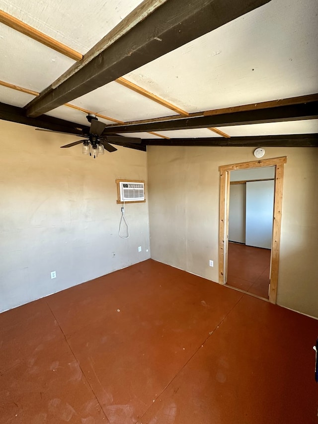 unfurnished room featuring beamed ceiling, an AC wall unit, and ceiling fan