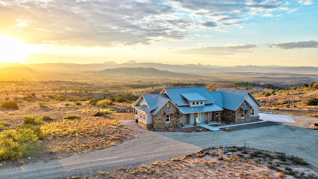 aerial view at dusk with a mountain view