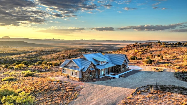 aerial view at dusk with a mountain view