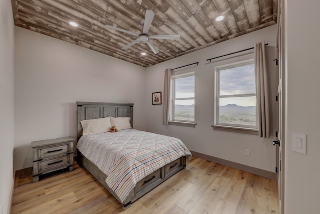 bedroom featuring ceiling fan, wood ceiling, and light hardwood / wood-style flooring