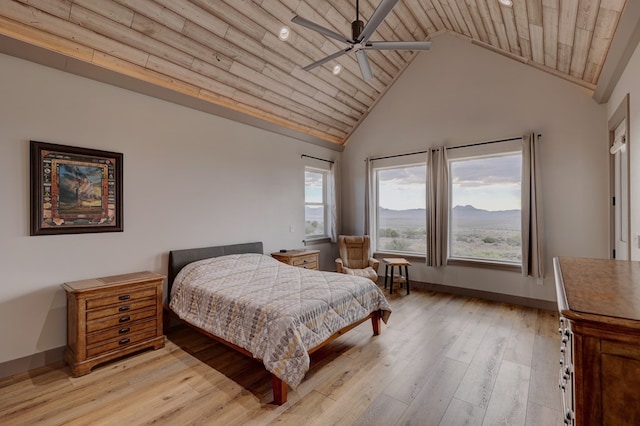 bedroom with light wood-type flooring, ceiling fan, high vaulted ceiling, wooden ceiling, and a mountain view