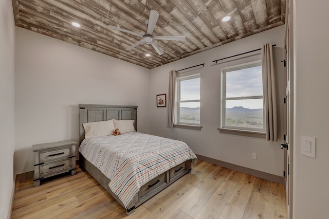 bedroom featuring ceiling fan, light hardwood / wood-style floors, and wood ceiling