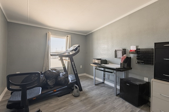 exercise room with ornamental molding and light hardwood / wood-style flooring