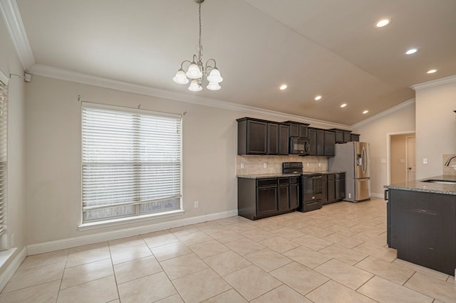 kitchen featuring lofted ceiling, ornamental molding, a sink, dark brown cabinets, and black appliances