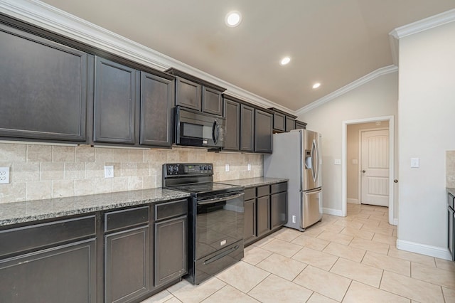 kitchen with backsplash, stone countertops, vaulted ceiling, light tile patterned flooring, and black appliances