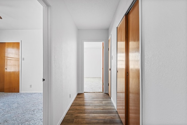 corridor featuring dark hardwood / wood-style floors and a textured ceiling