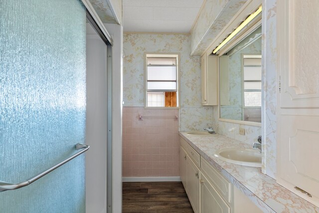 bathroom with vanity and wood-type flooring