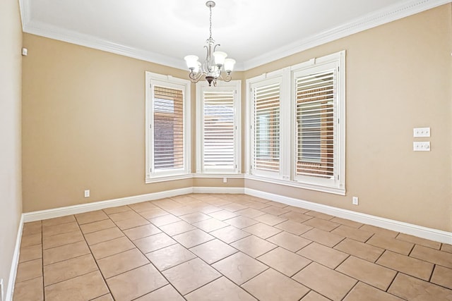 tiled spare room featuring a chandelier and ornamental molding