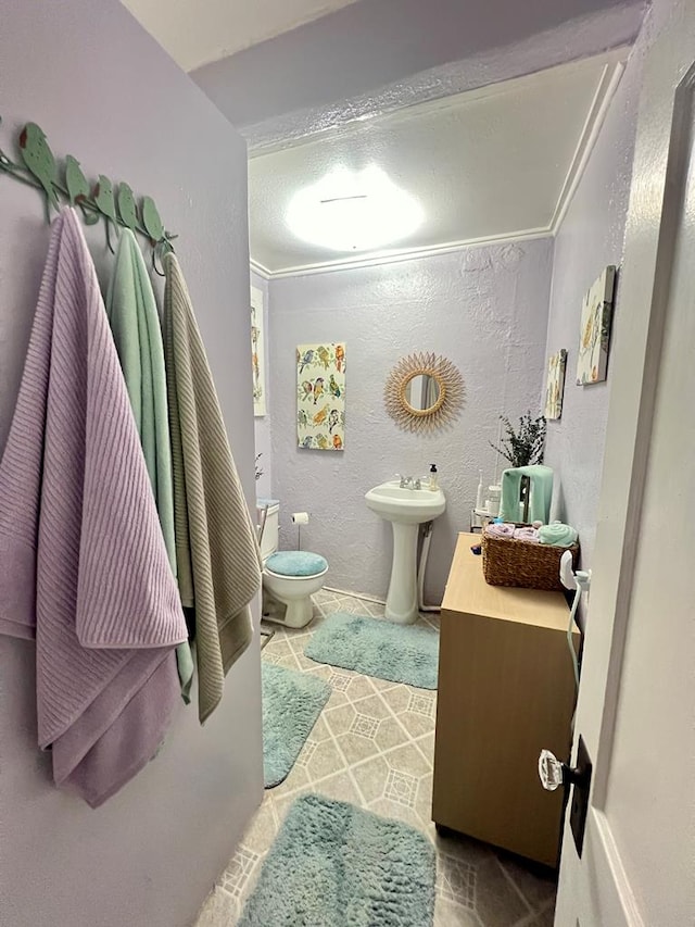 bathroom with sink, toilet, and ornamental molding