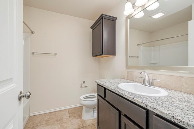 bathroom featuring tile patterned flooring, vanity, a shower, and toilet