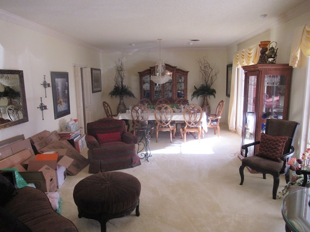 carpeted living room with crown molding, a textured ceiling, and a notable chandelier