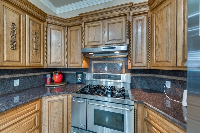 kitchen with tasteful backsplash, dark stone counters, extractor fan, appliances with stainless steel finishes, and ornamental molding