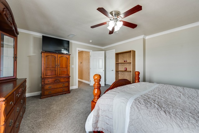 bedroom with ceiling fan and crown molding