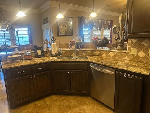 kitchen with ornamental molding, a sink, stainless steel dishwasher, dark brown cabinetry, and decorative backsplash