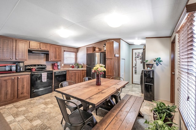 kitchen featuring sink, black appliances, and vaulted ceiling