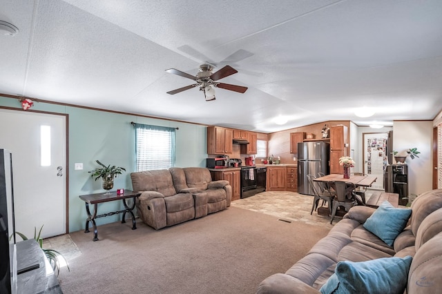 carpeted living room with a textured ceiling, ceiling fan, lofted ceiling, and sink