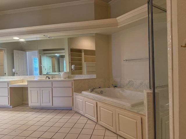 full bathroom featuring a garden tub, tile patterned flooring, vanity, and crown molding