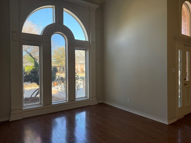 foyer entrance featuring a towering ceiling, baseboards, and dark wood-style flooring