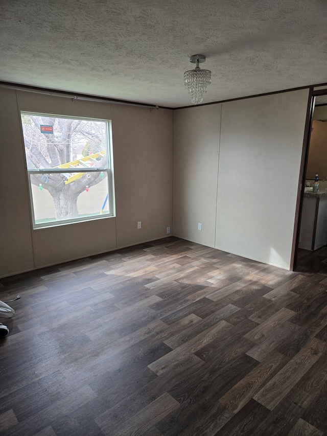 spare room featuring dark wood-type flooring and a textured ceiling