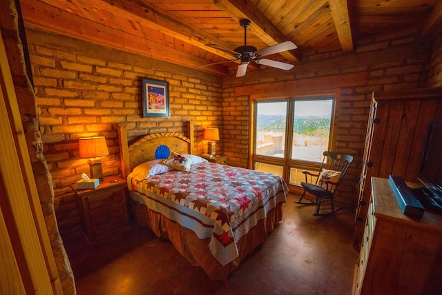 bedroom featuring beamed ceiling, ceiling fan, wood ceiling, and brick wall