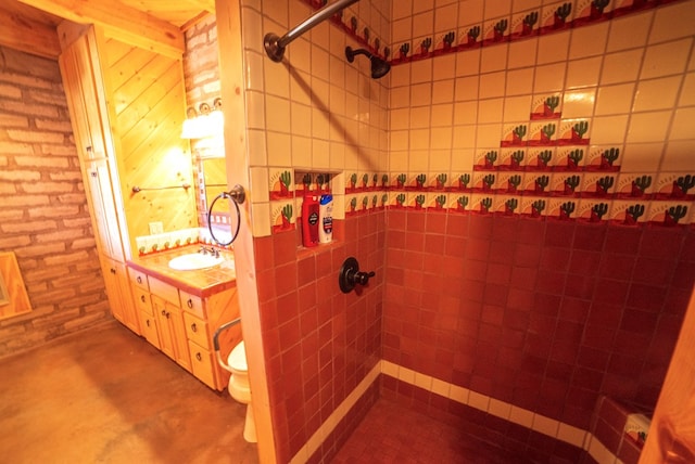 bathroom with vanity, wood walls, toilet, walk in shower, and concrete flooring