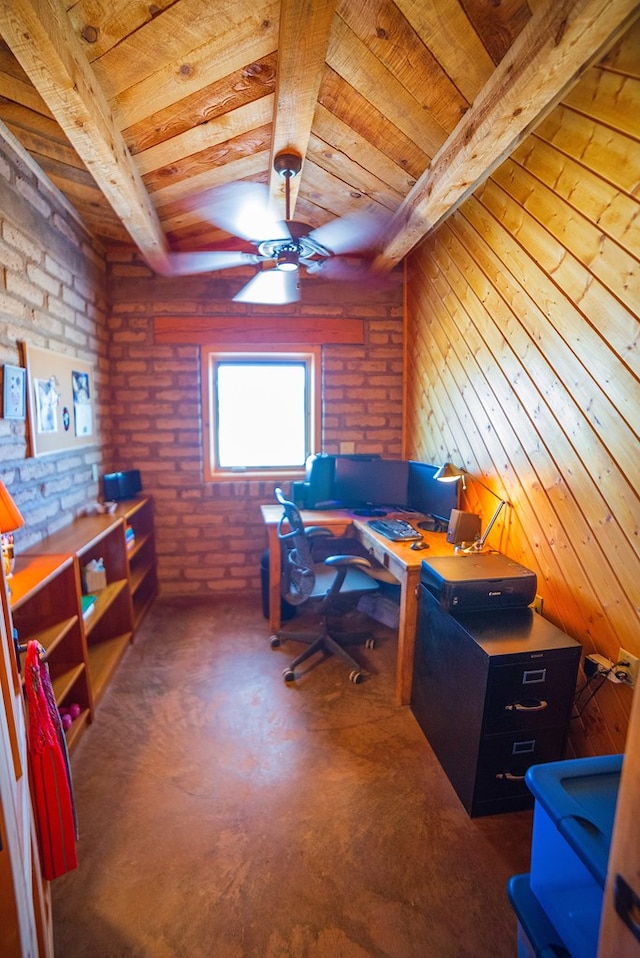 home office featuring ceiling fan, beamed ceiling, brick wall, wooden walls, and wood ceiling